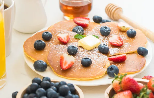 Berries, food, Breakfast, pancakes, powdered sugar, pancakes