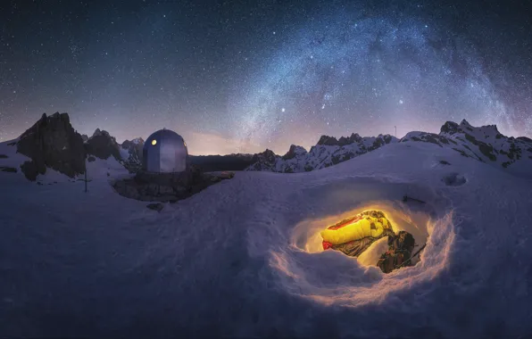 Winter, snow, mountains, night, the situation, male, tourism, tourist