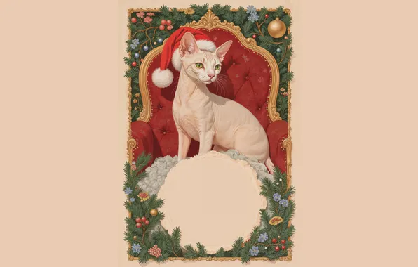 Cat, cat, look, balls, branches, chair, frame, Christmas