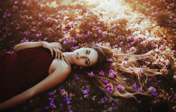 HAIR, DRESS, FLOWERS, BROWN hair, CURLS
