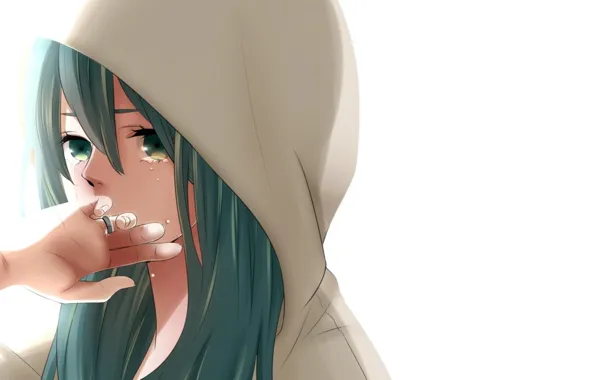 Girl, emotions, tears, ring, hood, white background, vocaloid, hatsune miku