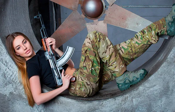 Weapon, woman, young, beautiful, uniform, machine gun