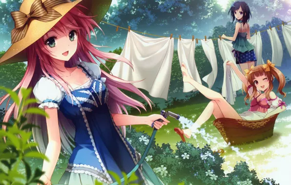 Water, trees, flowers, nature, girls, linen, hat, anime