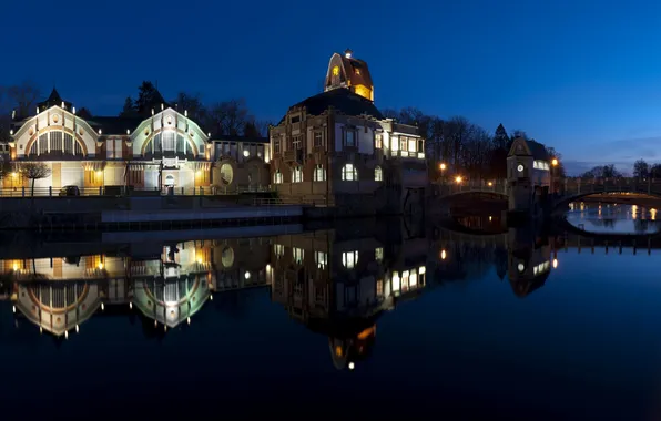 The sky, night, lights, river, home, Czech Republic, hradec kralov