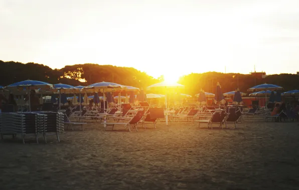 Sand, beach, summer, sunset, chaise, umbrellas