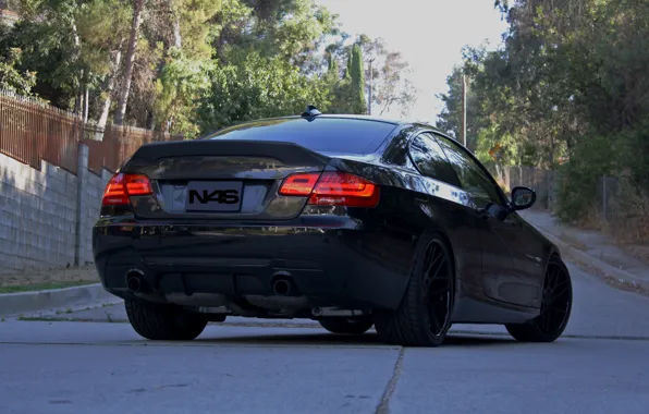 The sky, trees, black, bmw, BMW, black, 335i, back