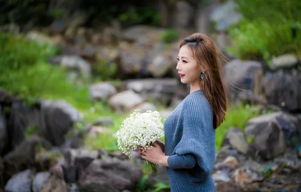 Girl, flowers, Asian, a bunch, bokeh