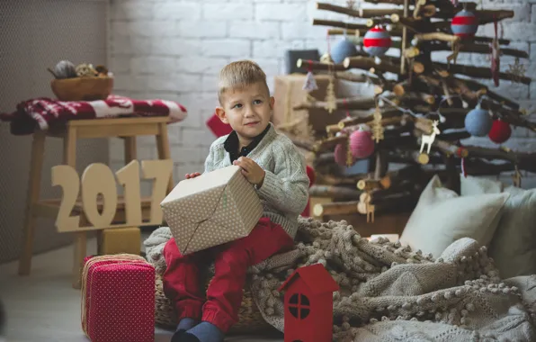 Tree, child, boy, gifts, New year, Christmas, boy, New Year