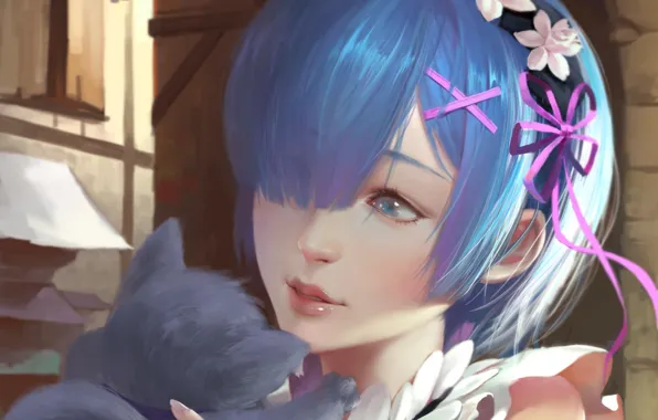 Girl, anime, art, kitty, Re: Zero kara hajime chip isek or Seikatsu, From scratch, REM