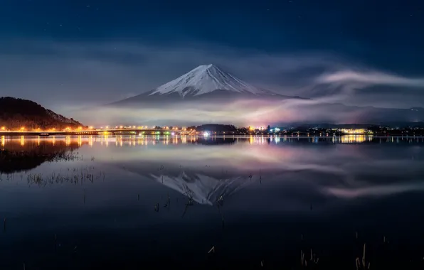 Water, night, reflection, Japan, Fuji, mount Fuji