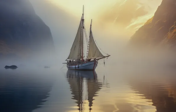 Sea, mountains, fog, reflection, photoshop, sailboat, Greenland