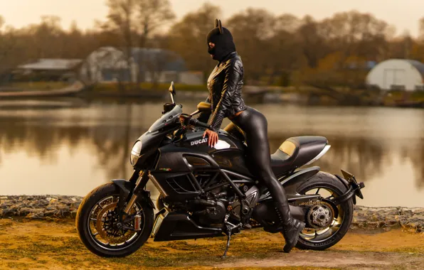 Picture water, girl, pose, hat, jacket, motorcycle, Ducati, ears