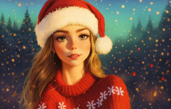 Picture winter landscape, white fur, portrait of a girl, red sweater, the Santa hat