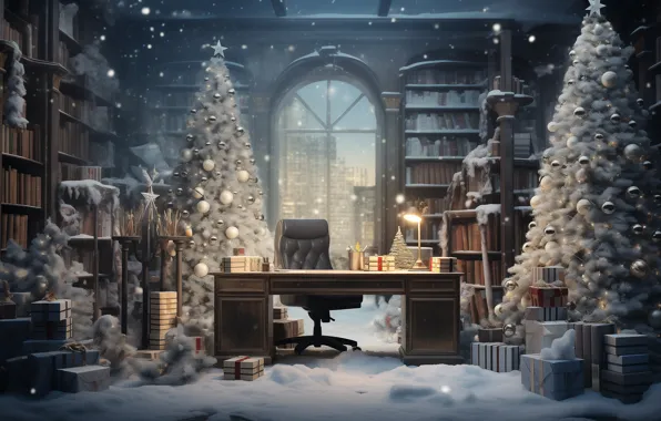 Winter, snow, fog, table, castle, room, furniture, books