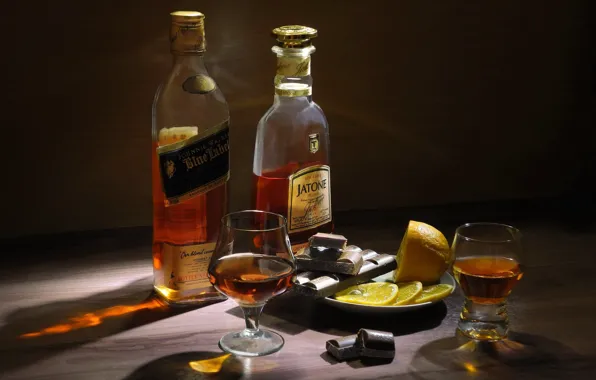 Lemon, chocolate, glasses, bottle, still life, cognac, whiskey, booze