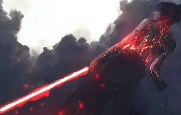 Picture girl, fire, smoke, star wars, star wars, Sith, laser sword, concept art