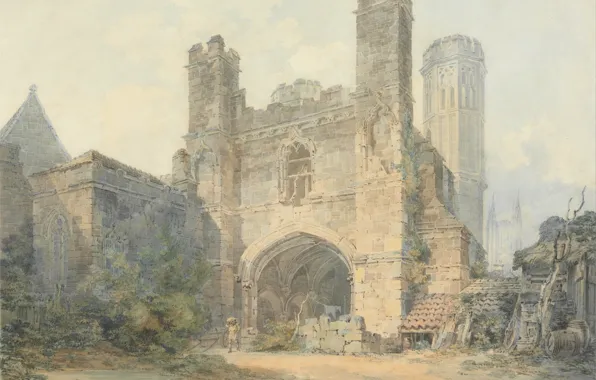 Landscape, tower, picture, gate, watercolor, William Turner, Saint Augustine's Gate, Canterbury