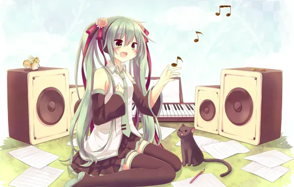 Cat, speakers, Vocaloid, miku hatsune, Miku Hatsune, vocaliod