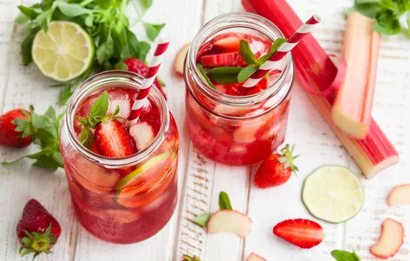 Ice, strawberry, lime, banks, drink, mint, wood, rhubarb