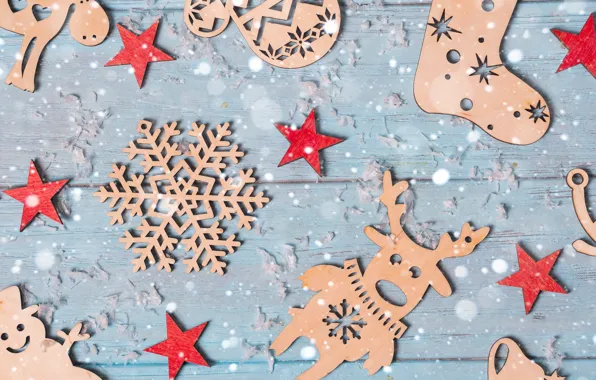Picture winter, decoration, snowflakes, tree, New Year, Christmas, Christmas, wood