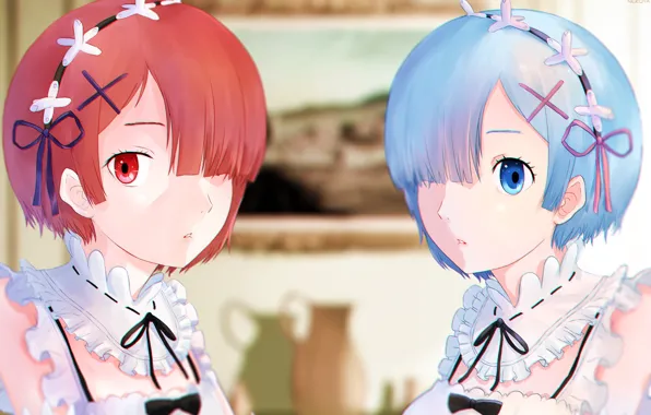 Demons, anime, art, sisters, Ram, Rem, Re: Zero kara hajime chip isek or Seikatsu