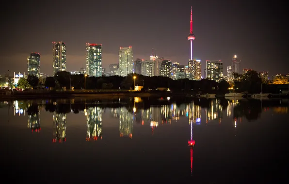 The sky, water, night, lights, reflection, home, Canada, Toronto