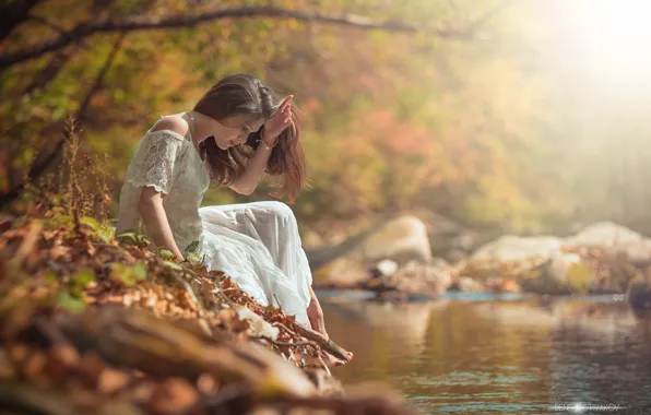 Picture autumn, nature, mood, dress, brown hair, river, sitting, in white