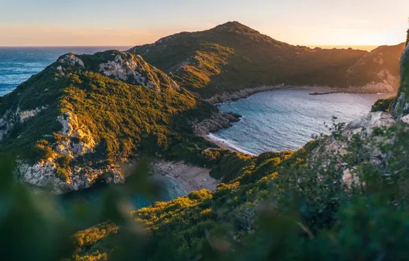 Sea, sunset, mountains, thickets, Bay, the