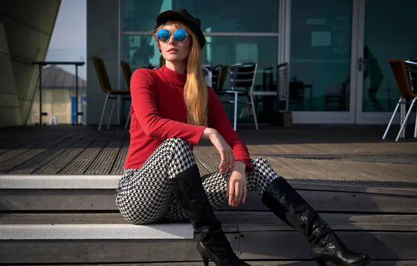 Girl, the sun, red, pose, model, view, boots, glasses