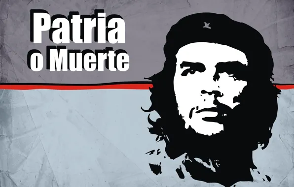 Picture poster, grey background, revolution, che Guevara, Cuba, slogan, Ernesto, Fatherland or death