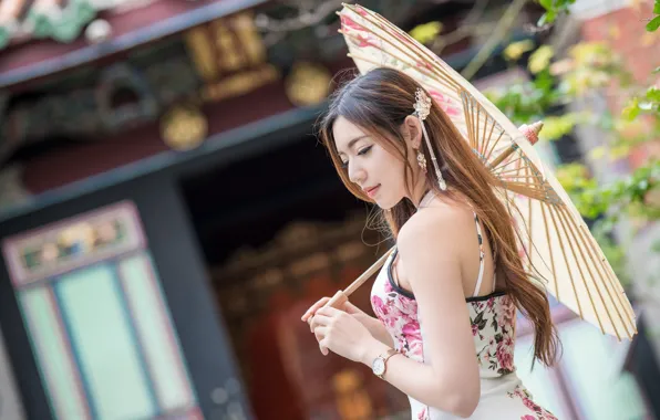 Girl, umbrella, dress, Asian, bokeh