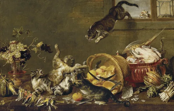 Cats, bird, basket, cats, fight, fruit, knives, vegetables