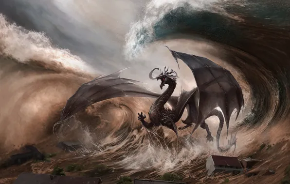 The city, Dragon, Wave, Fantasy, Dragon, Art, Fiction, Illustration