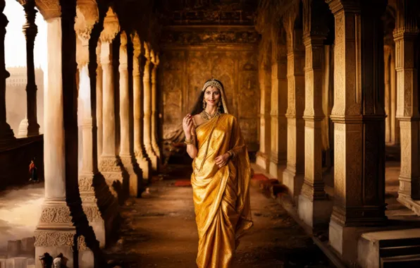 Girl, columns, India, architecture, Palace, columns.hole, ai art