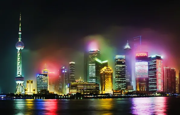 Water, night, city, the city, lights, lights, shore, coast