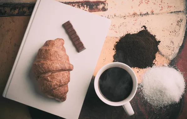 Picture coffee, chocolate, croissant