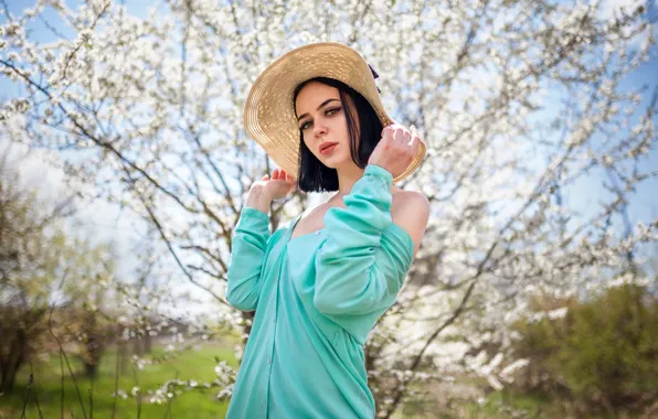 Look, the sun, trees, pose, model, portrait, spring, hat