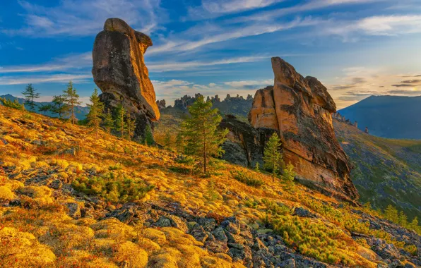 Picture autumn, the sky, mountains, stones, rocks