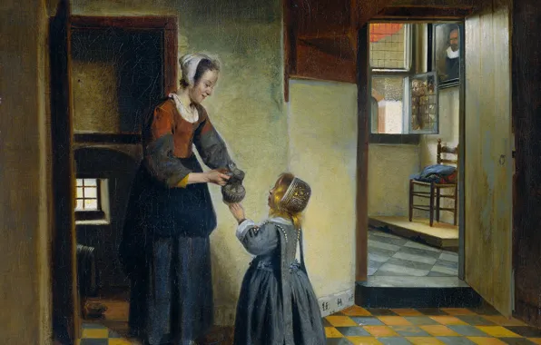 Interior, picture, genre, Pieter de Hooch, A woman with a Child in the Basement