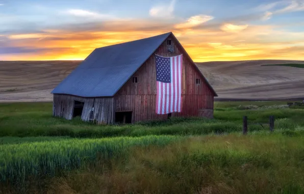 Sunset, flag, the barn