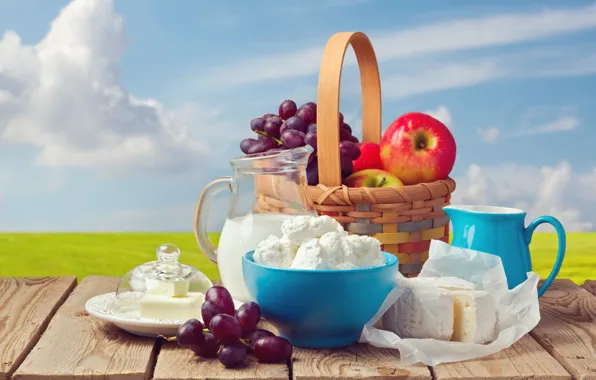 Field, the sky, the sun, clouds, landscape, table, background, basket