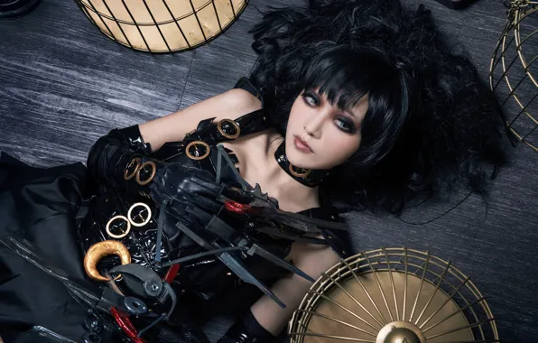 Look, girl, face, pose, style, the dark background, weapons, background