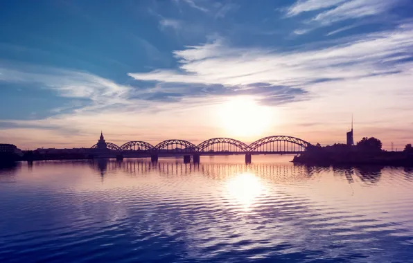 Picture clouds, sunset, bridge, the city, river, ruffle