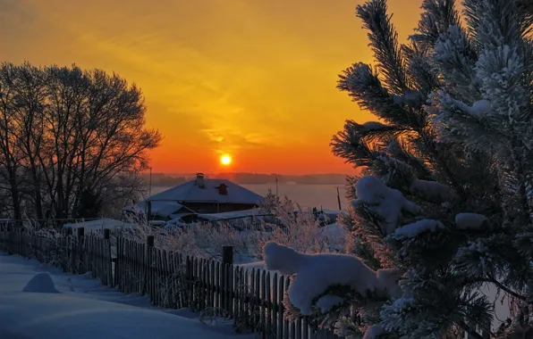 Picture winter, the sun, snow, trees, sunset, house, the fence