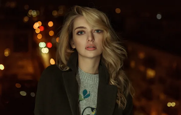 Picture night, lights, portrait, makeup, hairstyle, blonde, jacket, coat