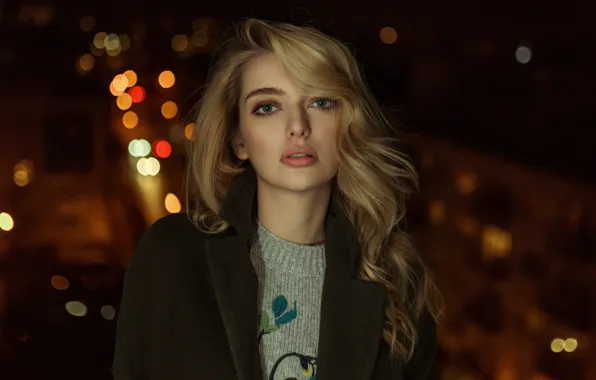 Night, lights, portrait, makeup, hairstyle, blonde, jacket, coat