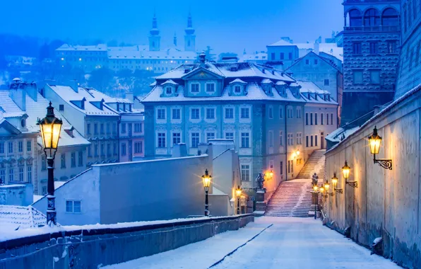 Winter, light, snow, the city, street, home, Prague, lights