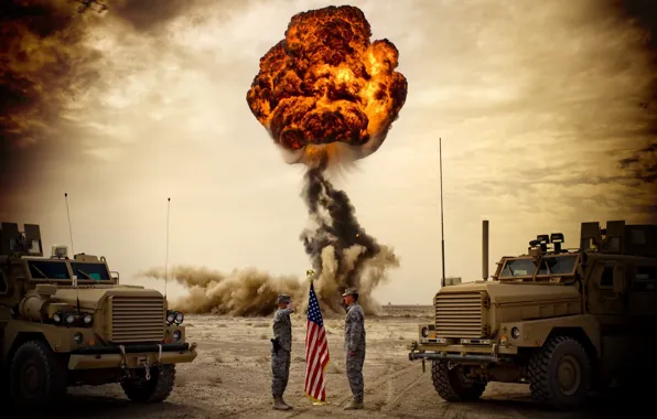 The sky, the explosion, flag, soldiers, Trucks, USA