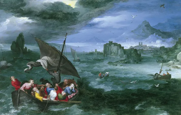 Landscape, religion, mythology, Jan Brueghel the elder, Christ Asleep in a Boat during a Storm