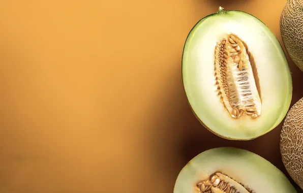 Summer, orange background, halves, melon, melon, AI art, neural network